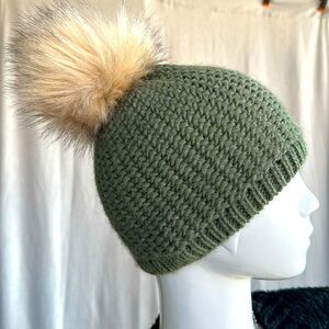 Cutest Knit faded olive green with Pom Pom faux fur